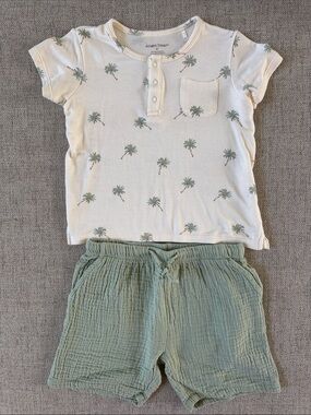 Angel Dear Cream Palm Print Top & Sage Green Shorts Matching Set